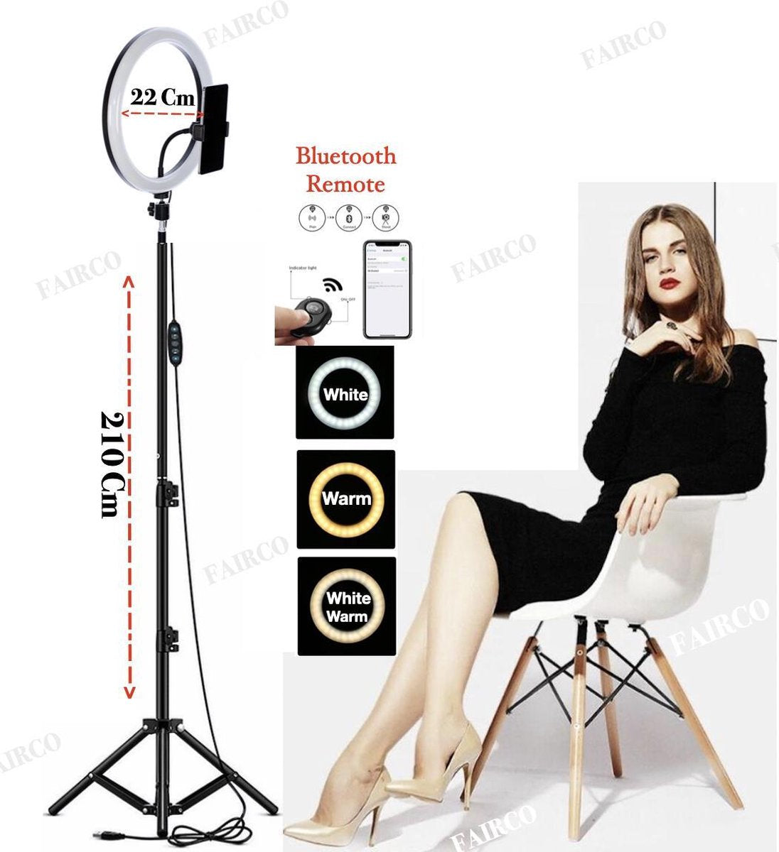 LED Ring Light 20Cm met Statief 210Cm Inclusief Bluetooth afstandsbediening en Telefoonhouder - Smartphone Tripod - LED Ringlamp - Ring Light - flitser - Make-up light - Studiolamp – Fairco