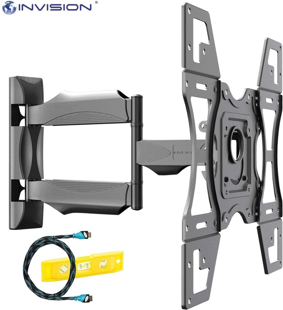 Invision® TV Muurbeugel voor grote schermen | Geschikt voor 26-60 Inch tot 40 kg | Draai- en kantelbaar | Muur steun ophang beugel | Wandbeugel kantelbaar | Geschikt voor elk merk | Inclusief HDMI kabel | Grote draaihoek
