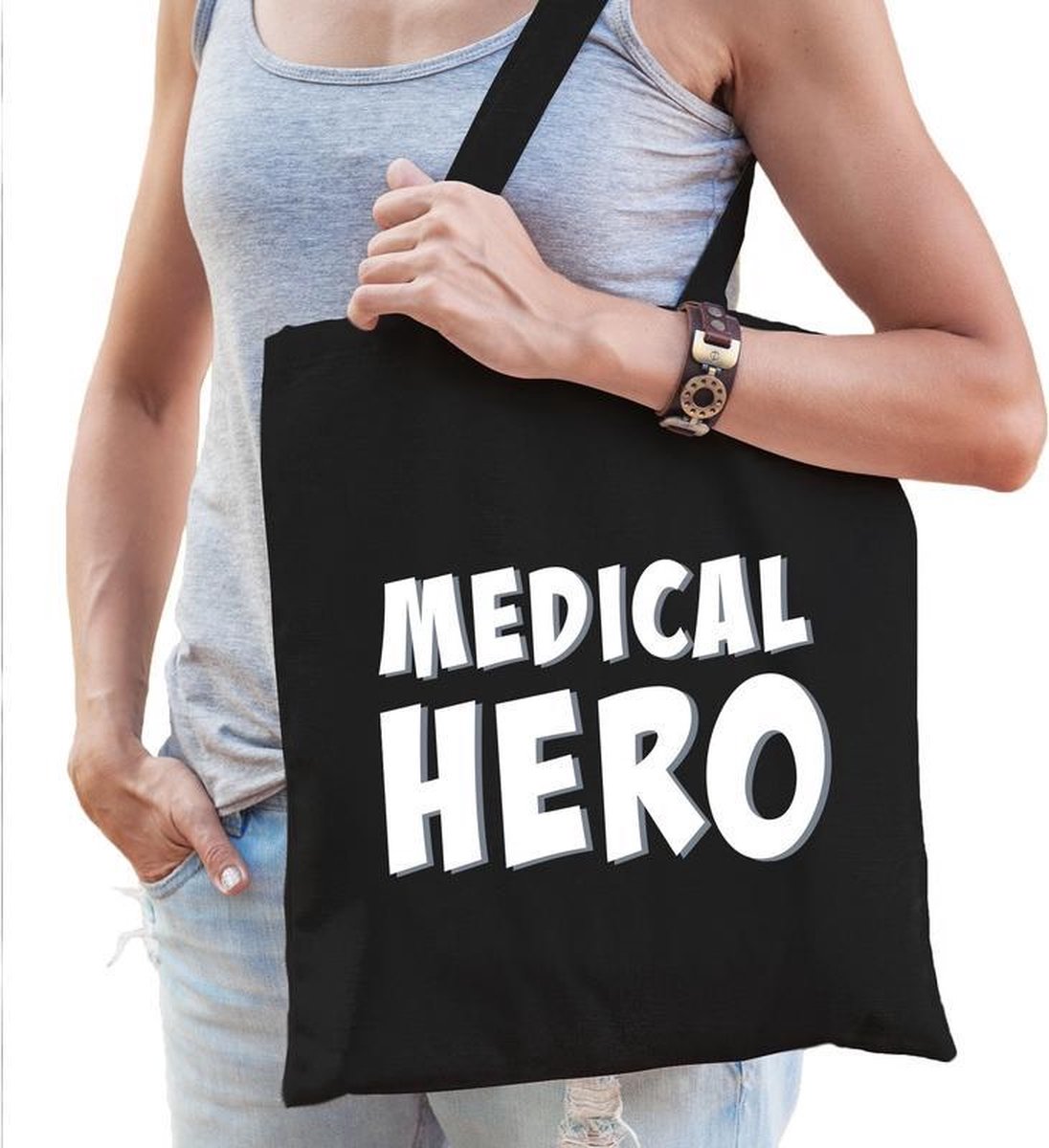 Medical hero/ zorgpersoneel cadeau katoenen tas zwart voor dames - zorgpersoneel kado /  tasje / shopper
