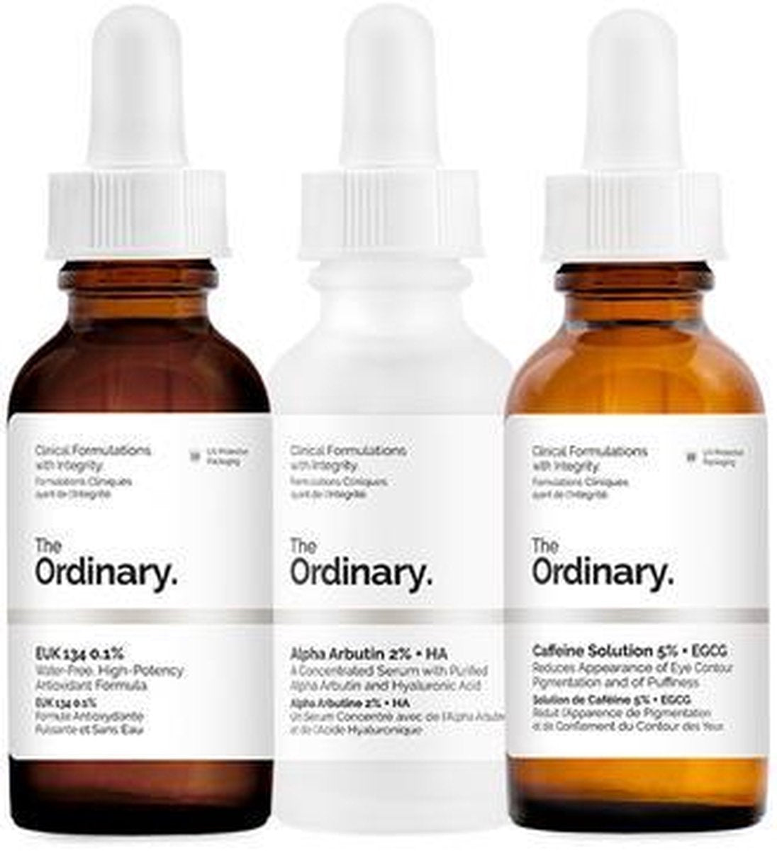 The Ordinary Glowing Skincare tripple | The Ordinary Caffeine Solution 5% + EGCG | The Ordinary Alpha Arbutin 2% + Hyaluronic Acid | The Ordinary EUK 134 0.1% | Egale teint | glanzende huid | Gezichtsverzorging