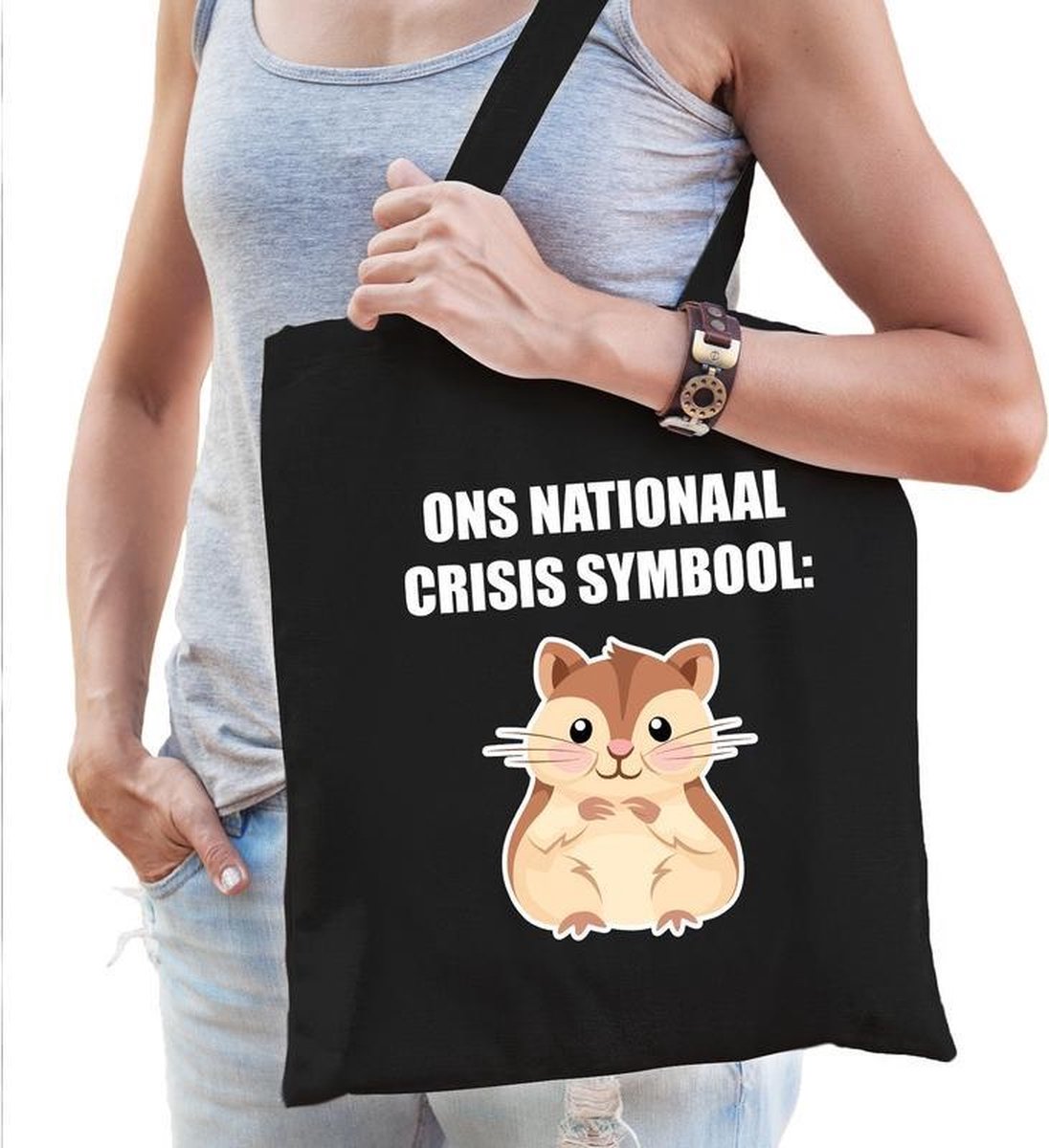 Ons nationaal crisis symbool hamster katoenen tas zwart voor dames - hamsteraars kado /  tasje / shopper
