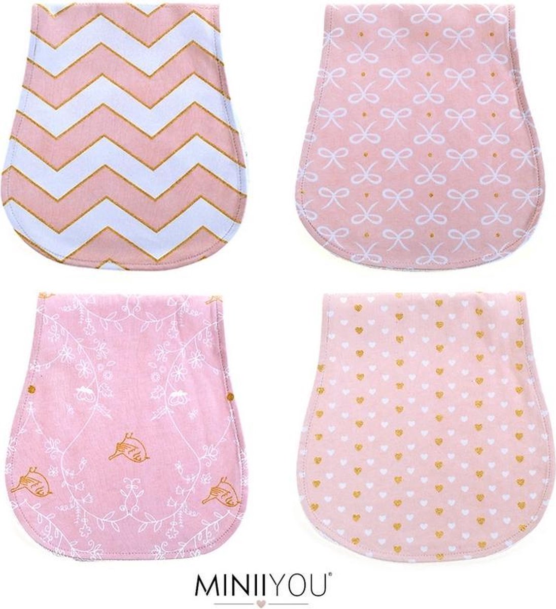 MINIIYOU Spuugdoeken - Met Laagje Badstof Waterproof - 48 x 23 cm - Roze/Wit - 4 stuks