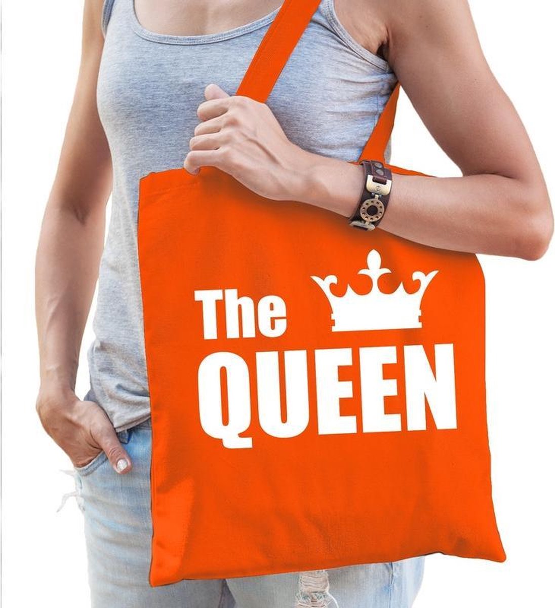 The queen katoenen tas oranje met witte tekst en witte kroon - Koningsdag - tasje / shopper voor dames