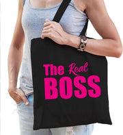 Katoenen tas zwart met roze tekst the real boss - tasje / shopper voor dames