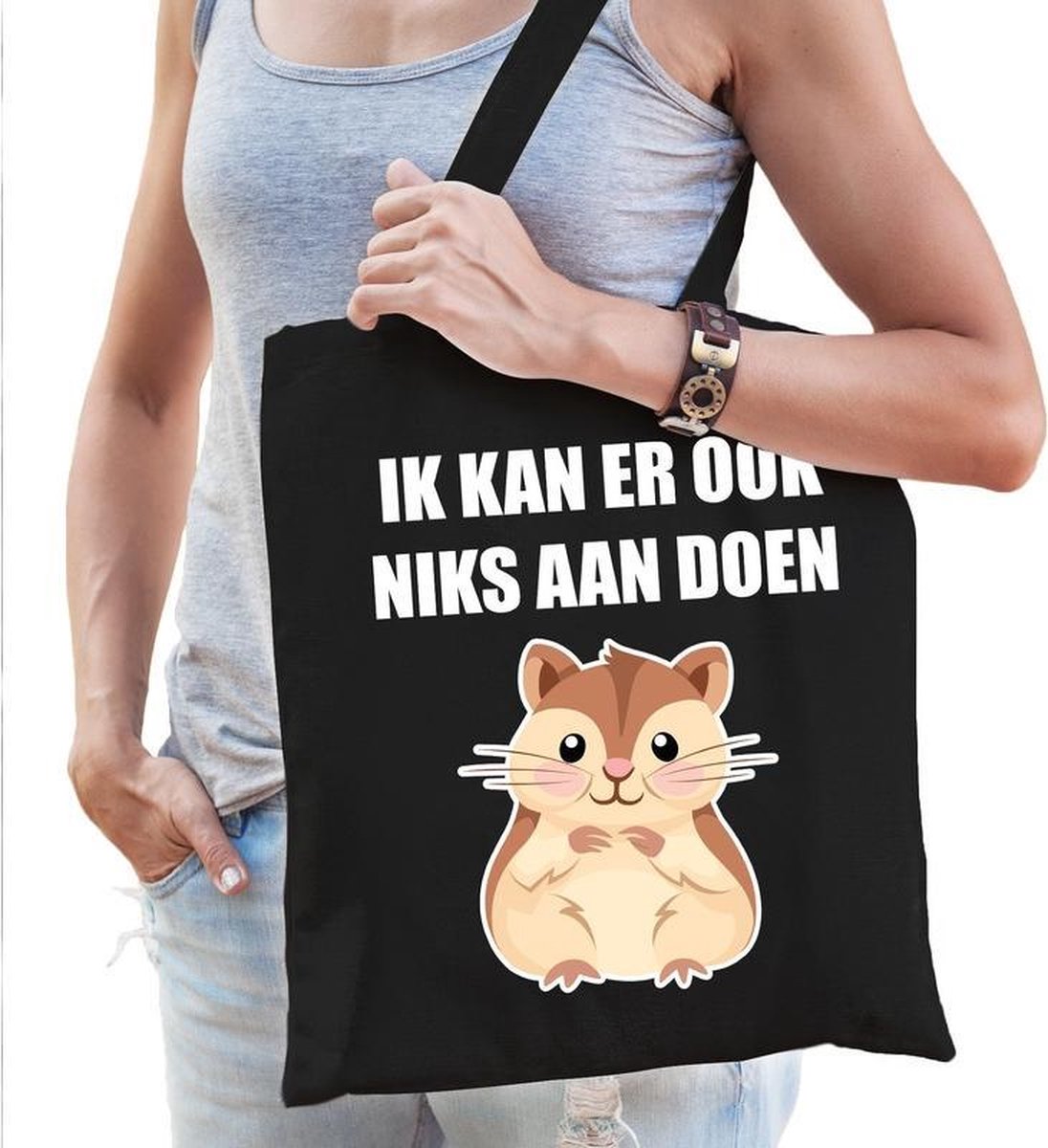 Ik kan er ook niks aan doen hamsteren katoenen tas zwart voor dames - hamsteraars kado /  tasje / shopper