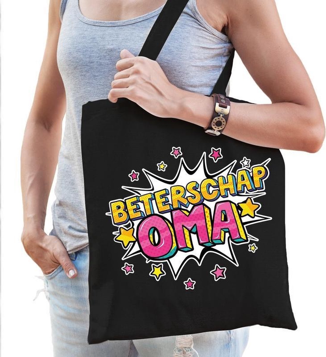 Beterschap oma katoenen cadeau tas zwart voor dames - kado /  tasje / shopper