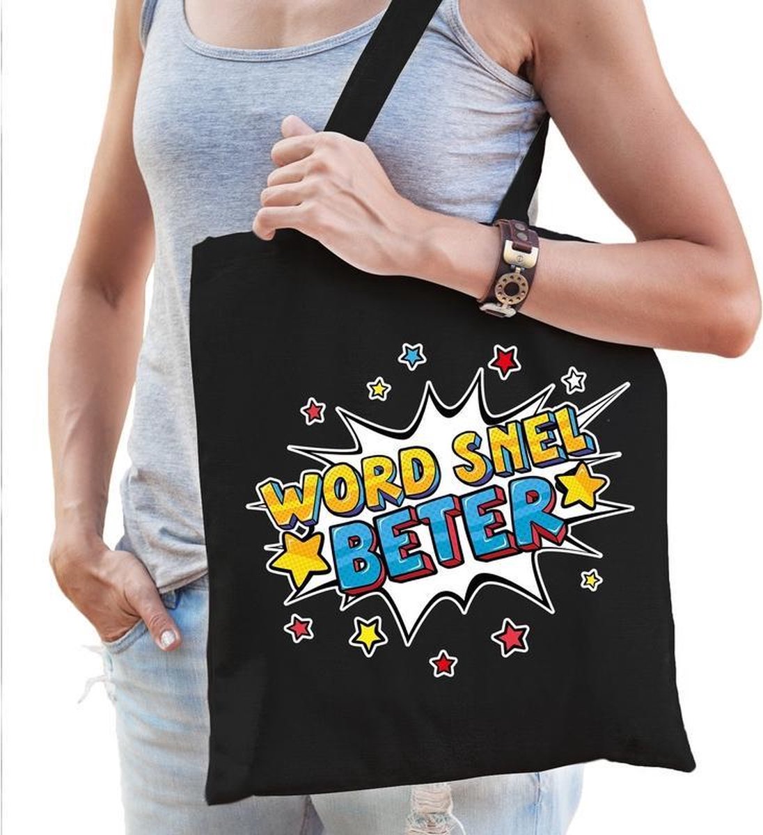 Word snel beter katoenen beterschap cadeau tas zwart voor dames - kado /  tasje / shopper
