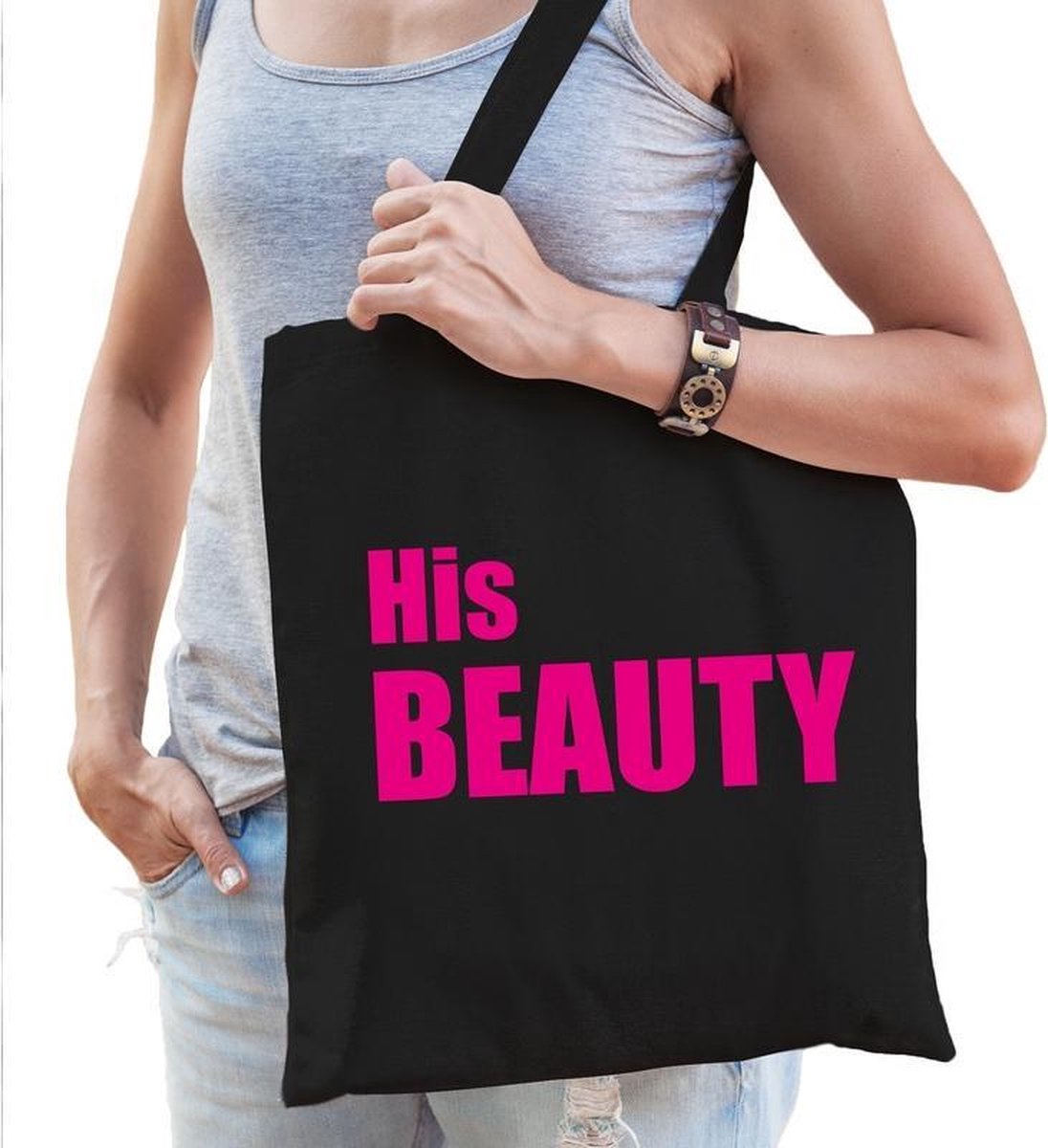 His beauty katoenen tas zwart met roze tekst - tasje / shopper voor dames
