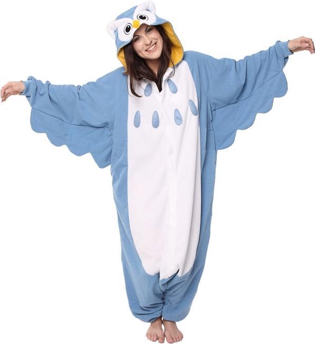 KIMU Onesie uil pak blauw kostuum - maat L-XL - uilenpak jumpsuit huispak
