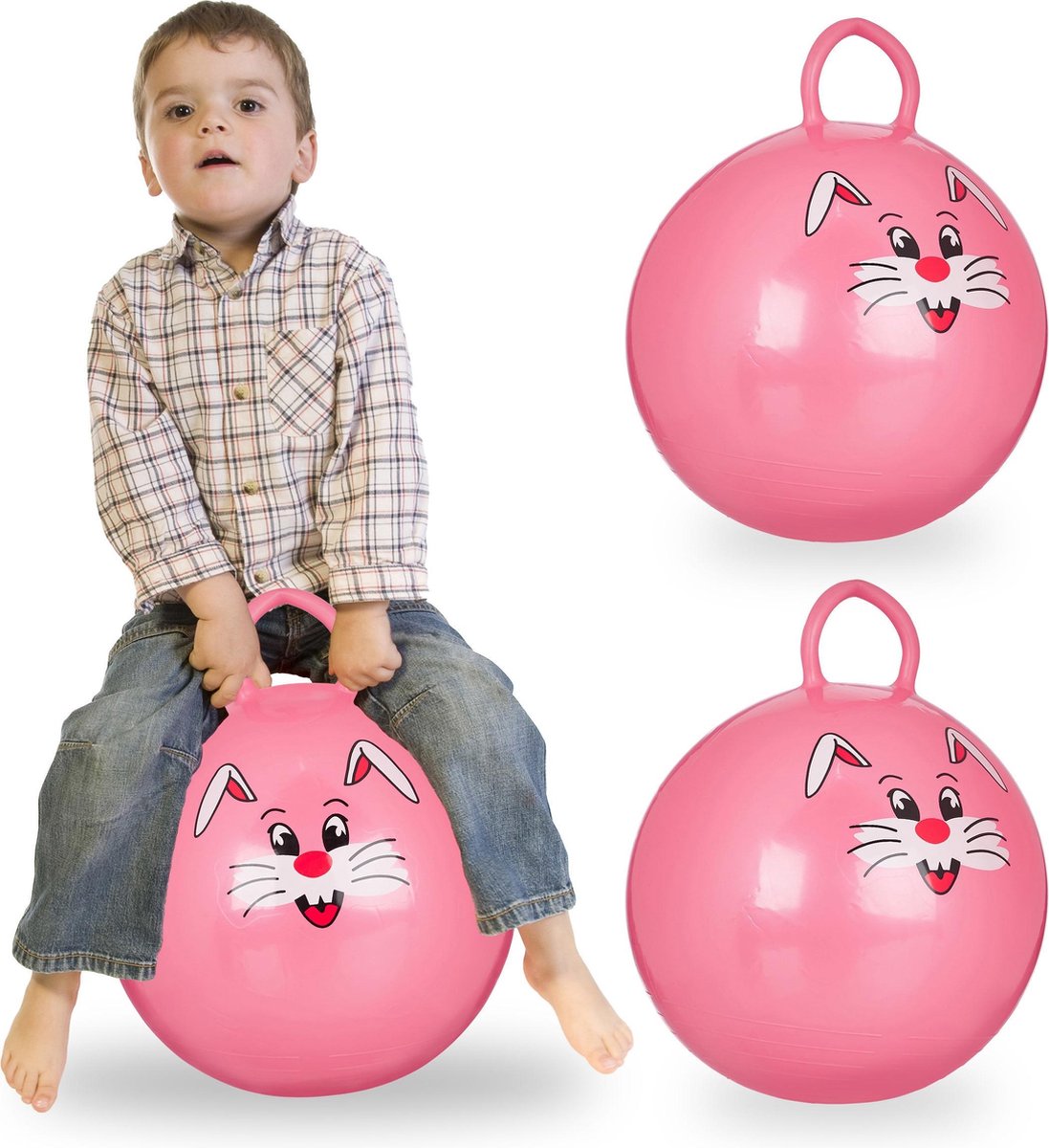 relaxdays 3 x skippybal in set - voor kinderen - Met konijn opdruk - springbal - roze