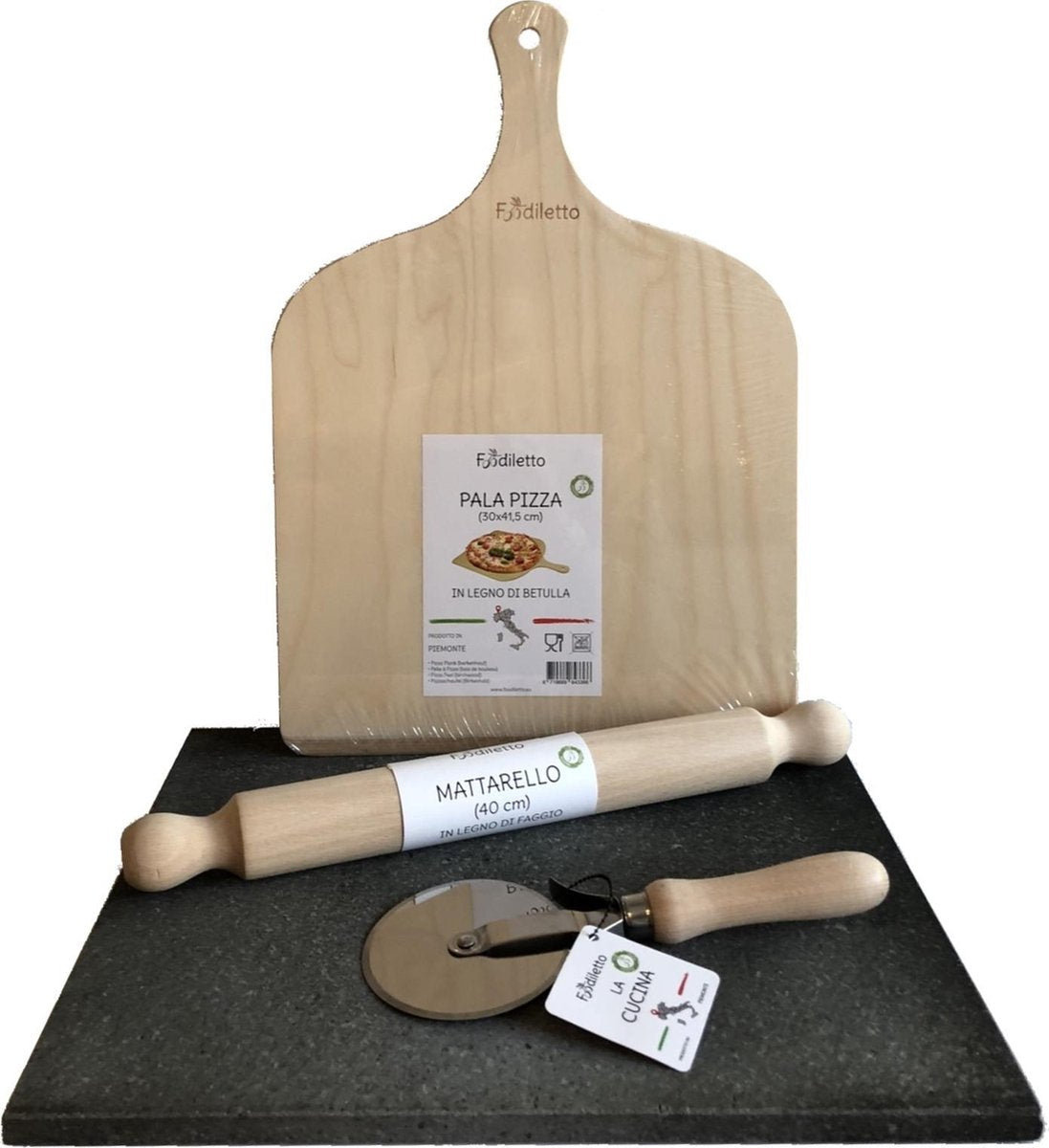 Foodiletto Pizzasteen - Complete Set - inclusief Pizzasteen bbq - barbecue - oven - gas - elektrisch  - Pizzaschep - Deegroller - Pizzasnijder - Cadeau voor man