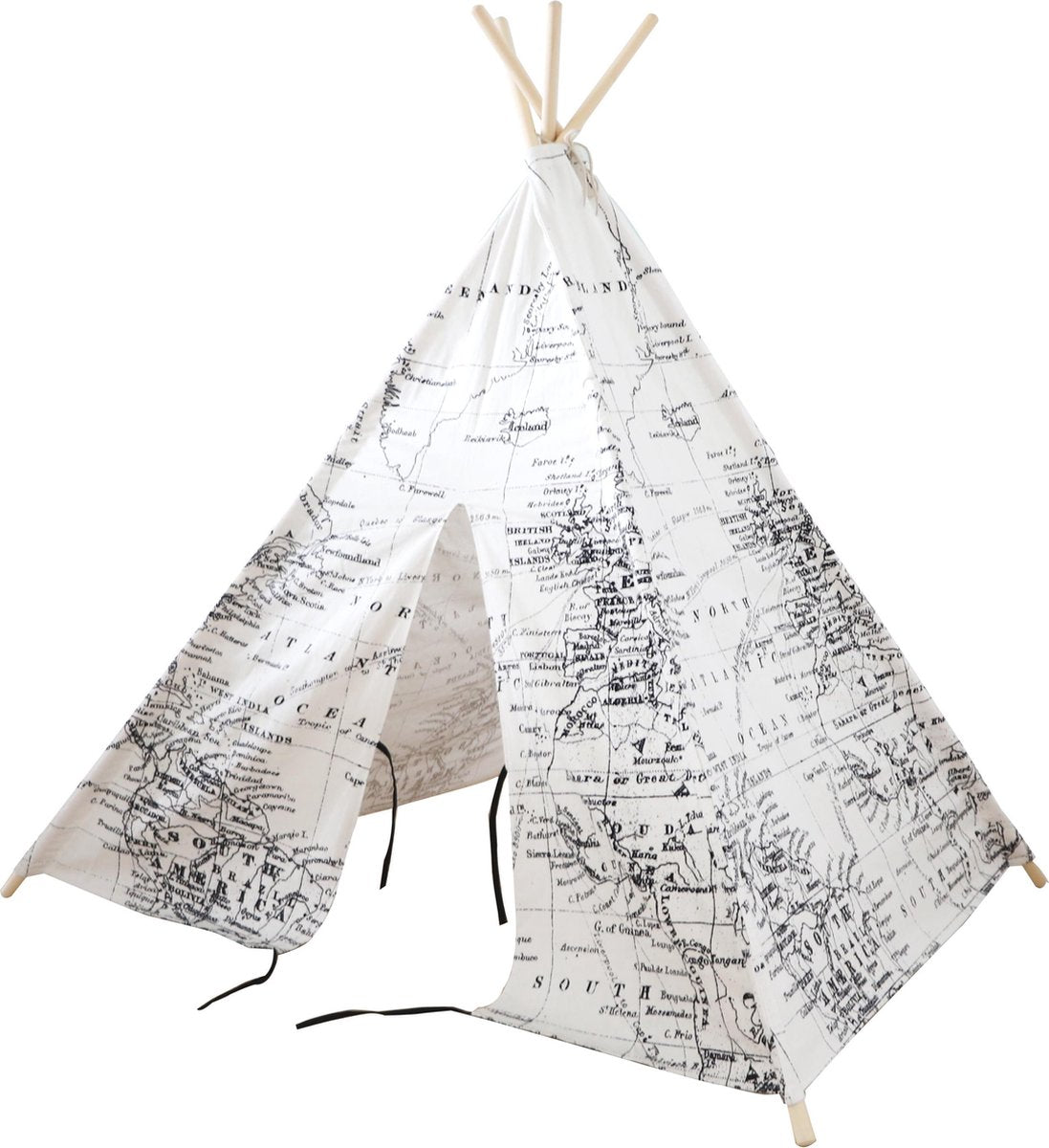 Wereldkaart Tipi Tent Zwart/wit Wigwam Speeltent / 100% katoen / 120 x 120 x 160 / 2 jaar garantie