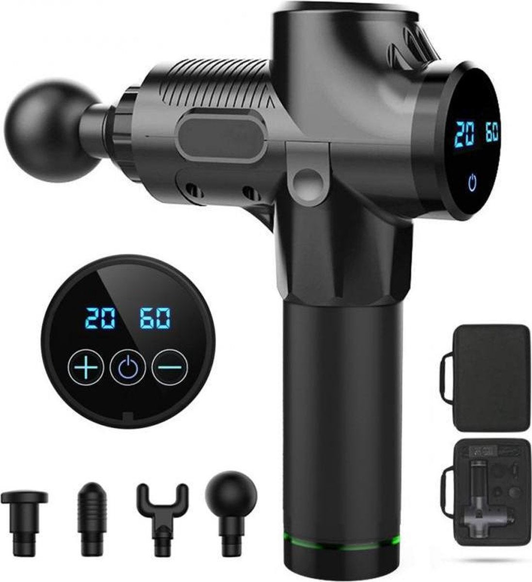 Professionele Krachtige Massage Gun + 4 Opzetstukken | Zwart | Spierverzorging | Massage Apparaat | LCD Touch Screen | LED | Muscle Gun | Spierherstel & Spierontspanning | Anti Spierpijn | Sportmassage | Massagepistool | Stress Reliever | Deep Tissue