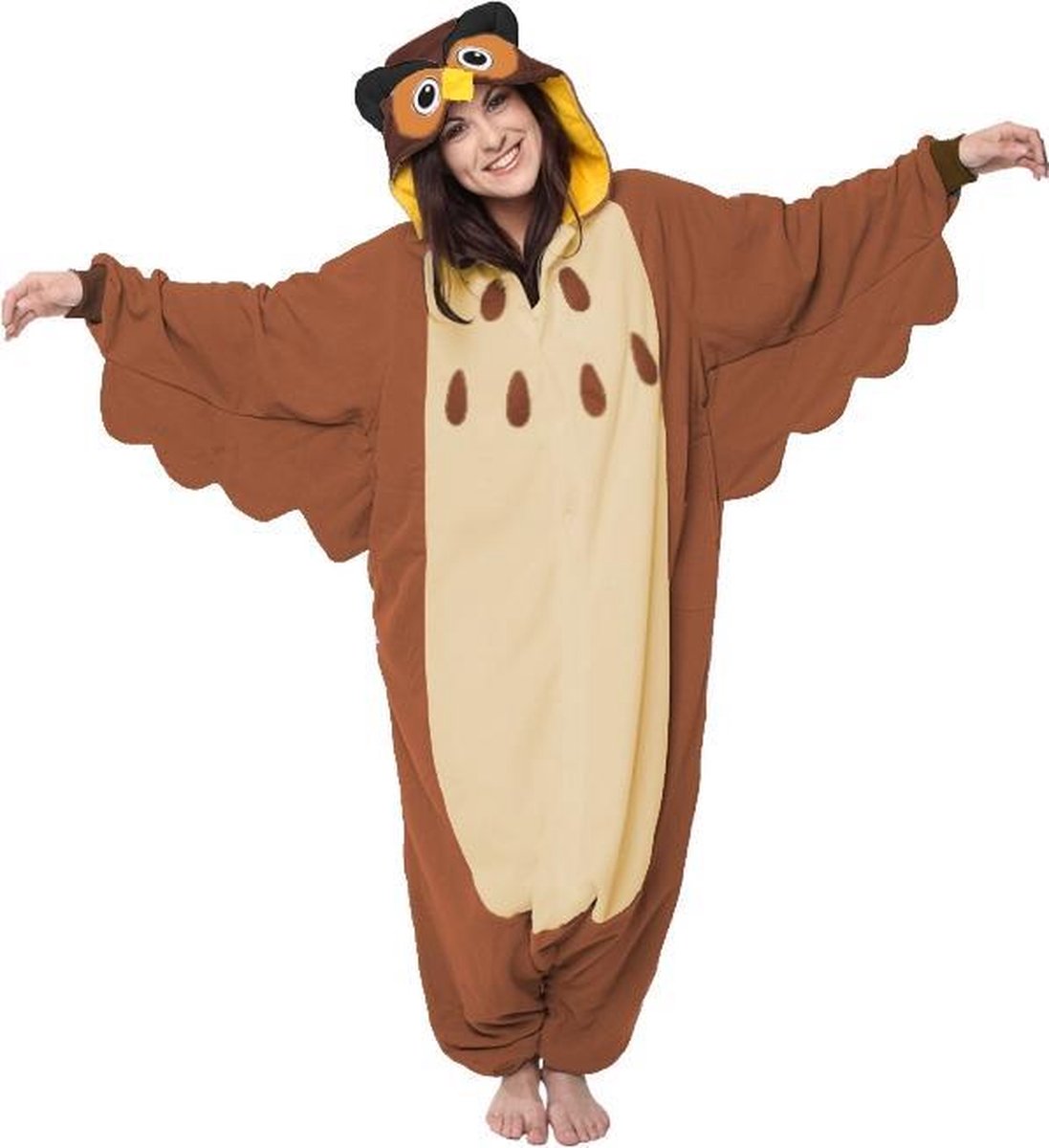 KIMU Onesie uil kinder pak bruin - maat 128-134 - uilenpak jumpsuit pyjama