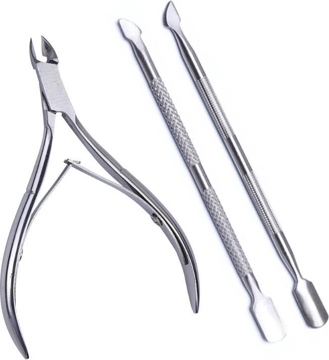 Nagelriem Verzorgingsset / Driedelige Set / Knipper Schaar / Cuticle Pusher / Bokkenpoot / RVS