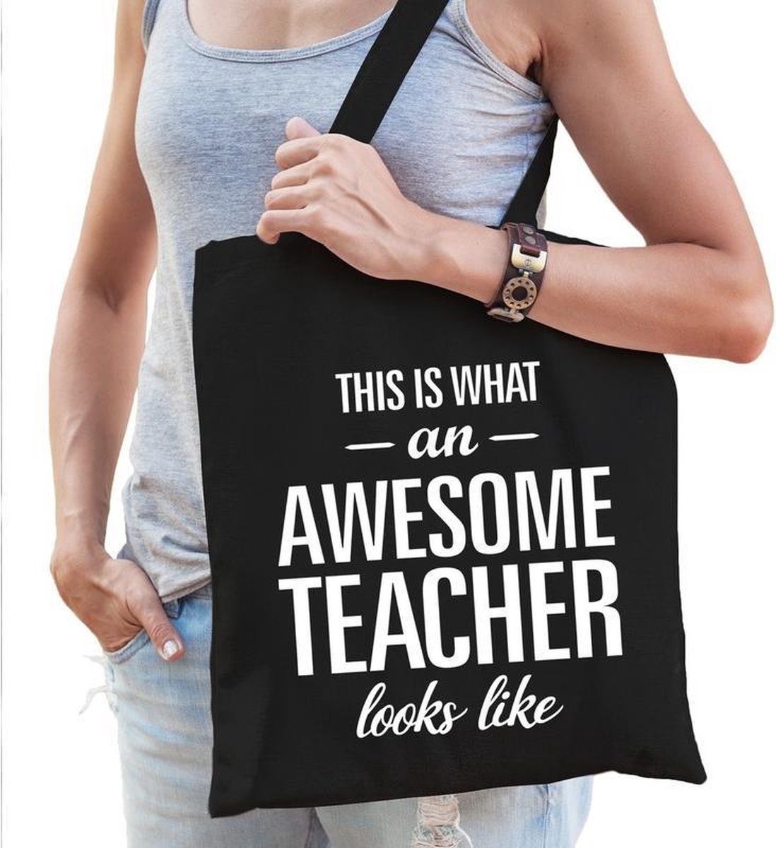 Kadotas awesome teacher zwart katoen - Meesterdag/juffendag einde schooljaar cadeau