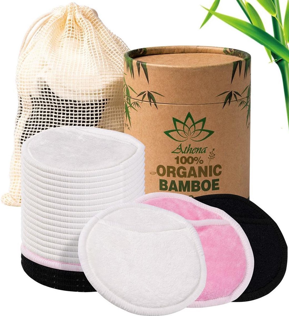 Premium Wasbare Wattenschijfjes (met extra pads: 18 stuks) incl. Wasmachinezakje en Wattenschijfjeshouder - Herbruikbare wattenschijfjes Watjes - Bamboe Make-Up Remover pads| Athena