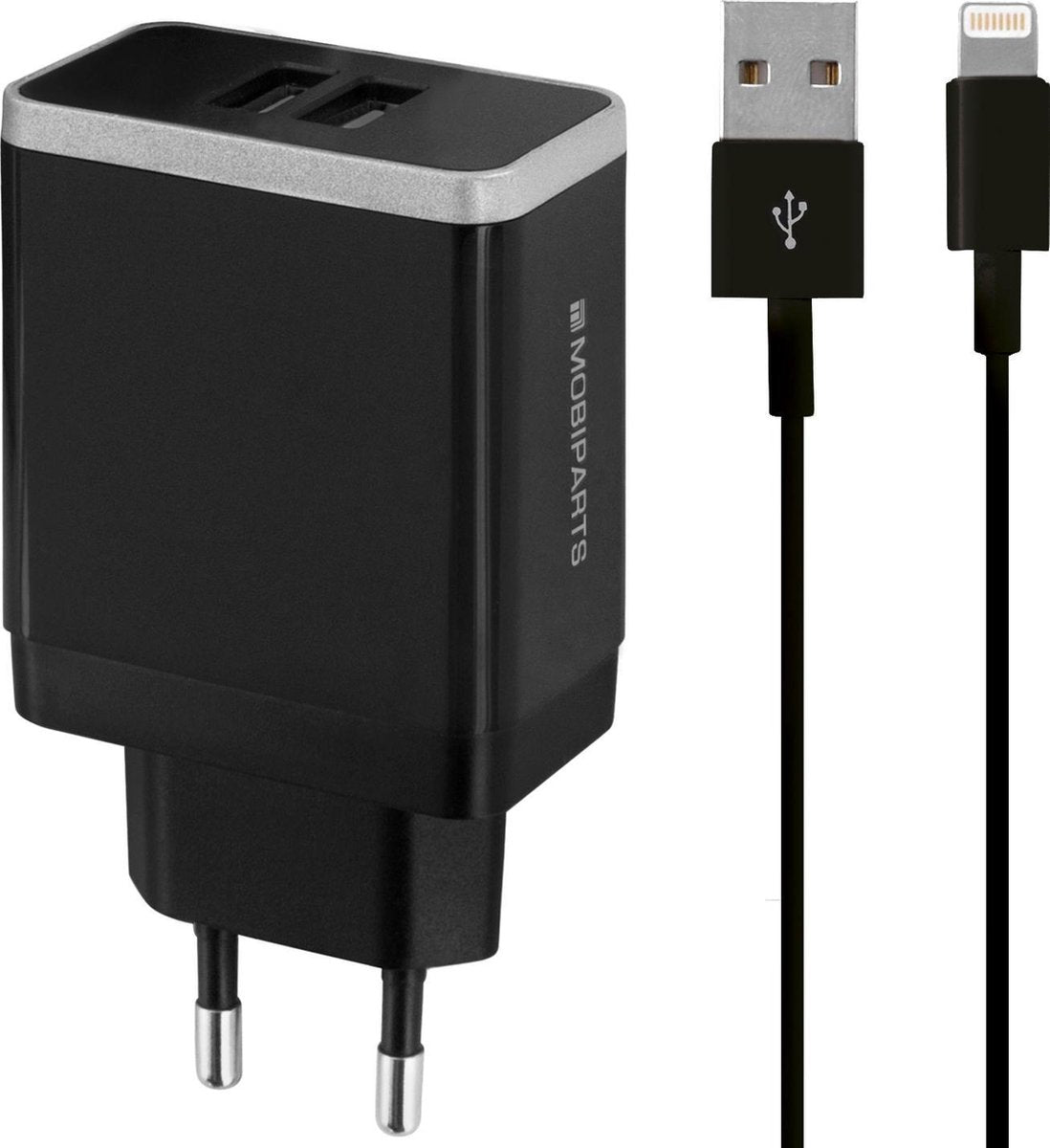 Mobiparts USB-A thuislader met 2 poorten en losse 8-pins Lightning - USB kabel - Smart IC - 2