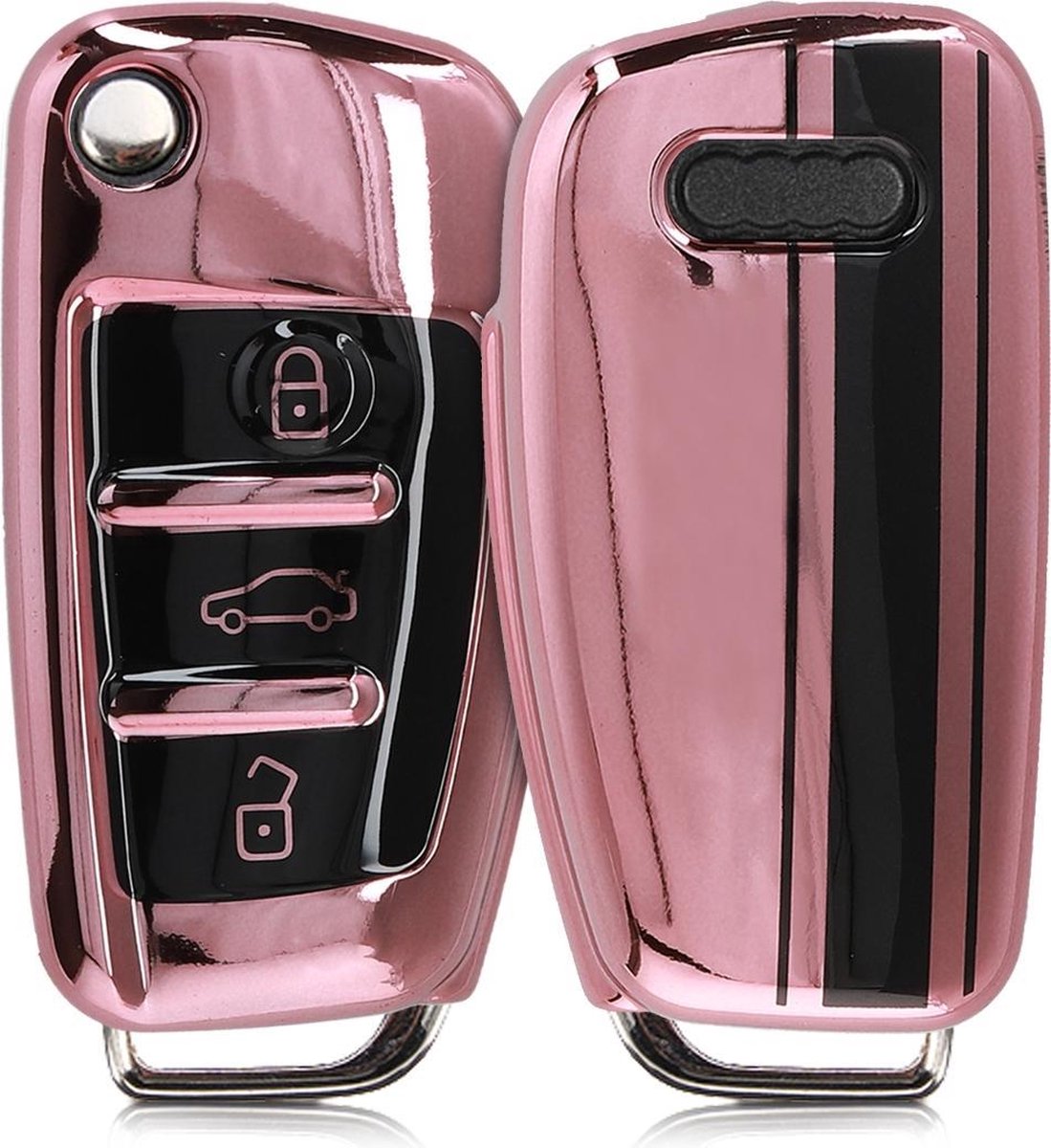 kwmobile autosleutelhoes voor Audi 3-knops autosleutel - TPU beschermhoes - sleutelcover - Rallystrepen design - zwart / hoogglans ros�goud