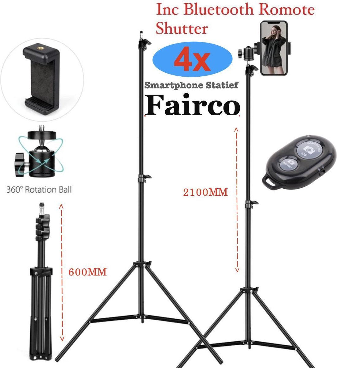 4Pcs statief 210cm Inc. Bluetooth Remote Shutter