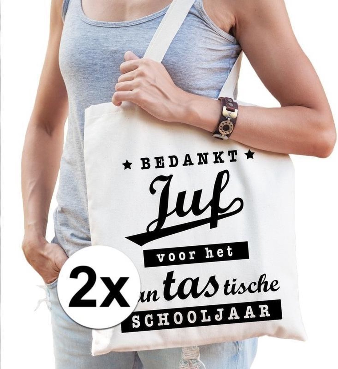 Bedankt juf katoenen tasjes 2 stuks - Juffendag/ einde schooljaar cadeau