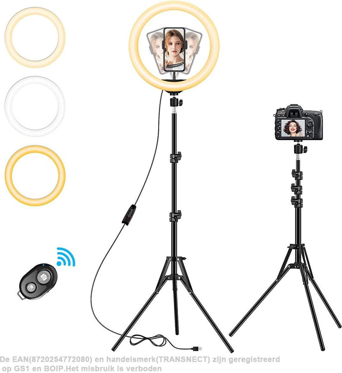 Ringlamp met Statief - 13 inch / 33cm - 3 kleurmodi en 10 helderheid - USB Powered - uitschuifbaar statief tot 176cm - voor make-up