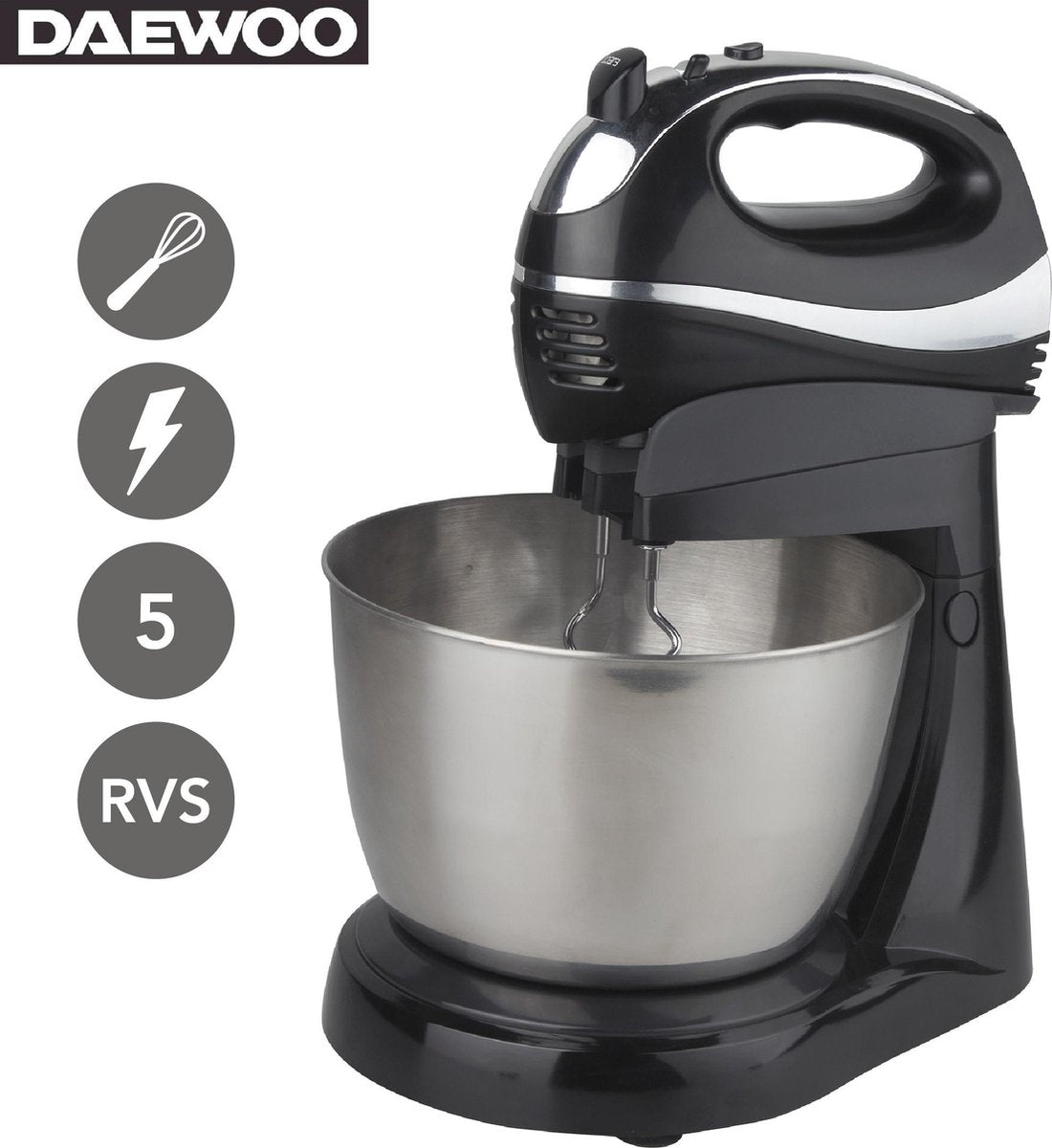 DAEWOO SYM-1472: Professionele Handmixer Met Kom - Zwart - Krachtige 300W Motor - Inclusief Gardes en Deeghaken - Keukenrobot - Keukenmachine - Foodprocessor