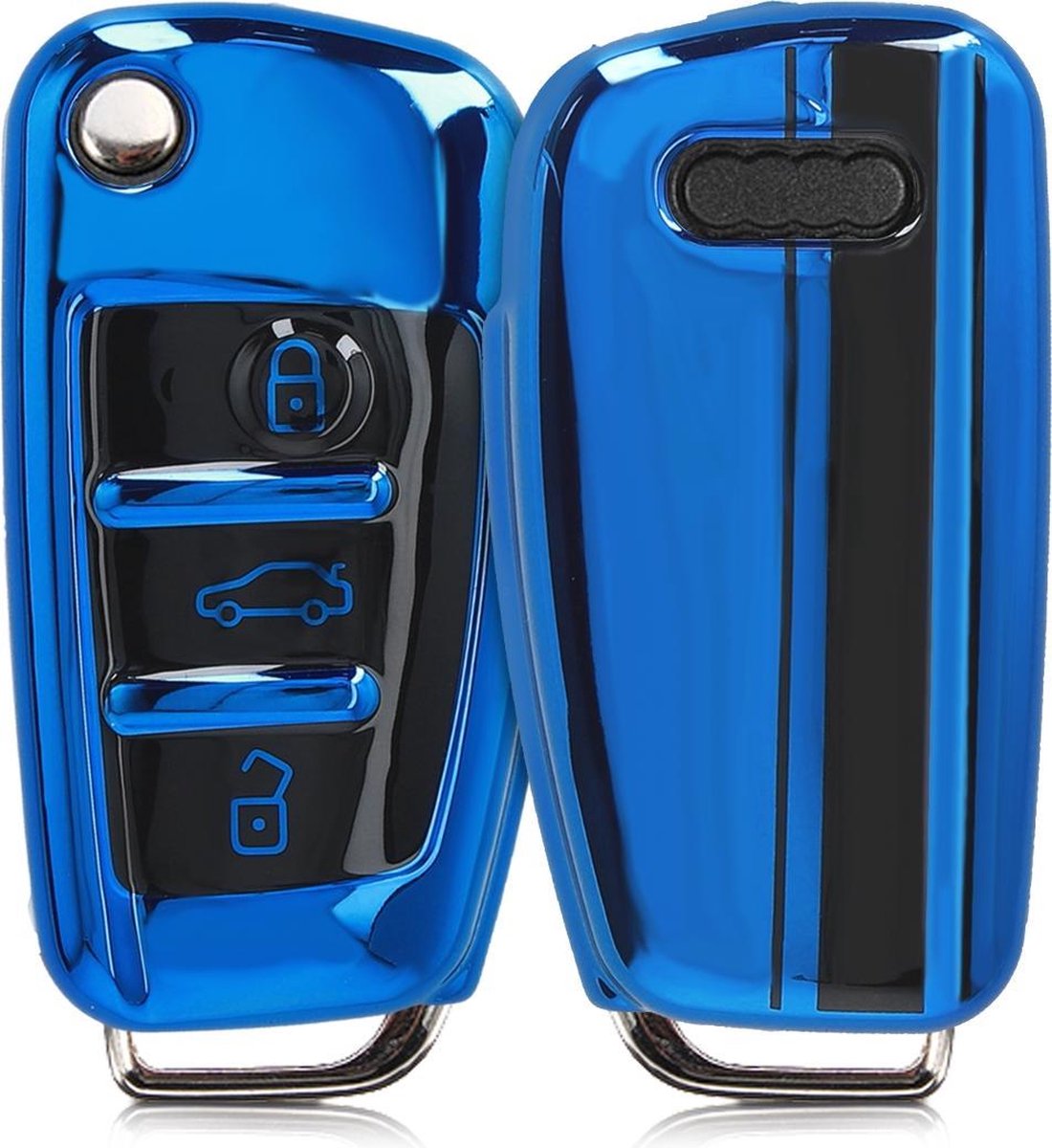 kwmobile autosleutelhoes voor Audi 3-knops autosleutel - TPU beschermhoes - sleutelcover - Rallystrepen design - zwart / hoogglans Blauw