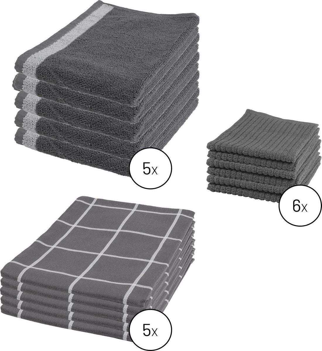 Byrklund Set Donker Grijs - 5x Theedoek 50x70cm + 5x Keukendoek 50x50cm + 6x Vaatdoek 30x30cm