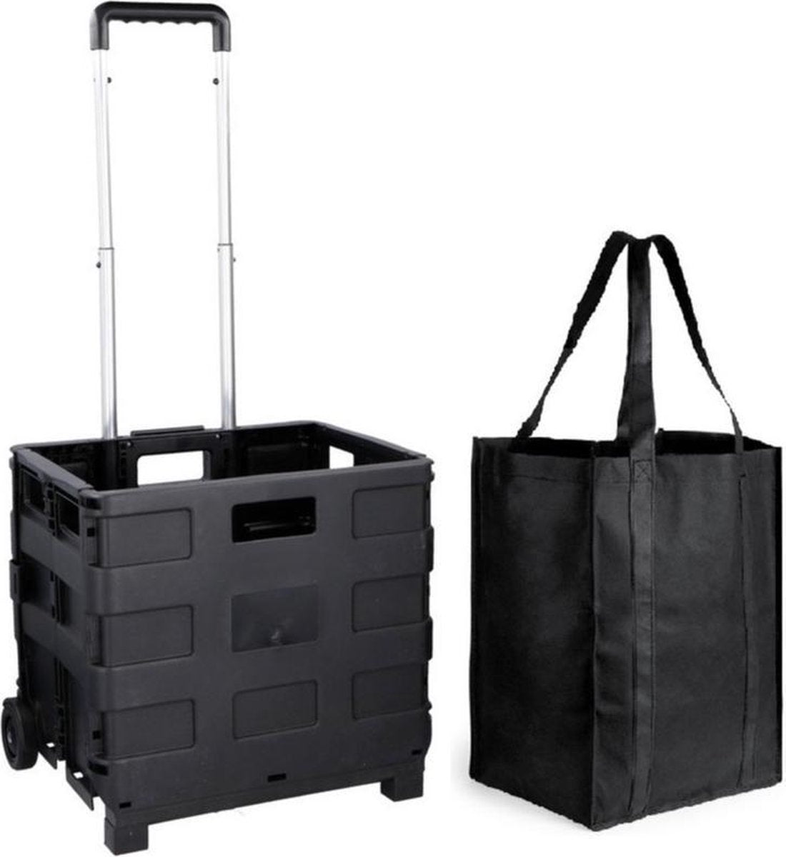 Opvouwbare opbergkrat/boodschappentrolley 30 liter - Met zwarte boodschappentas/shopper 31 liter