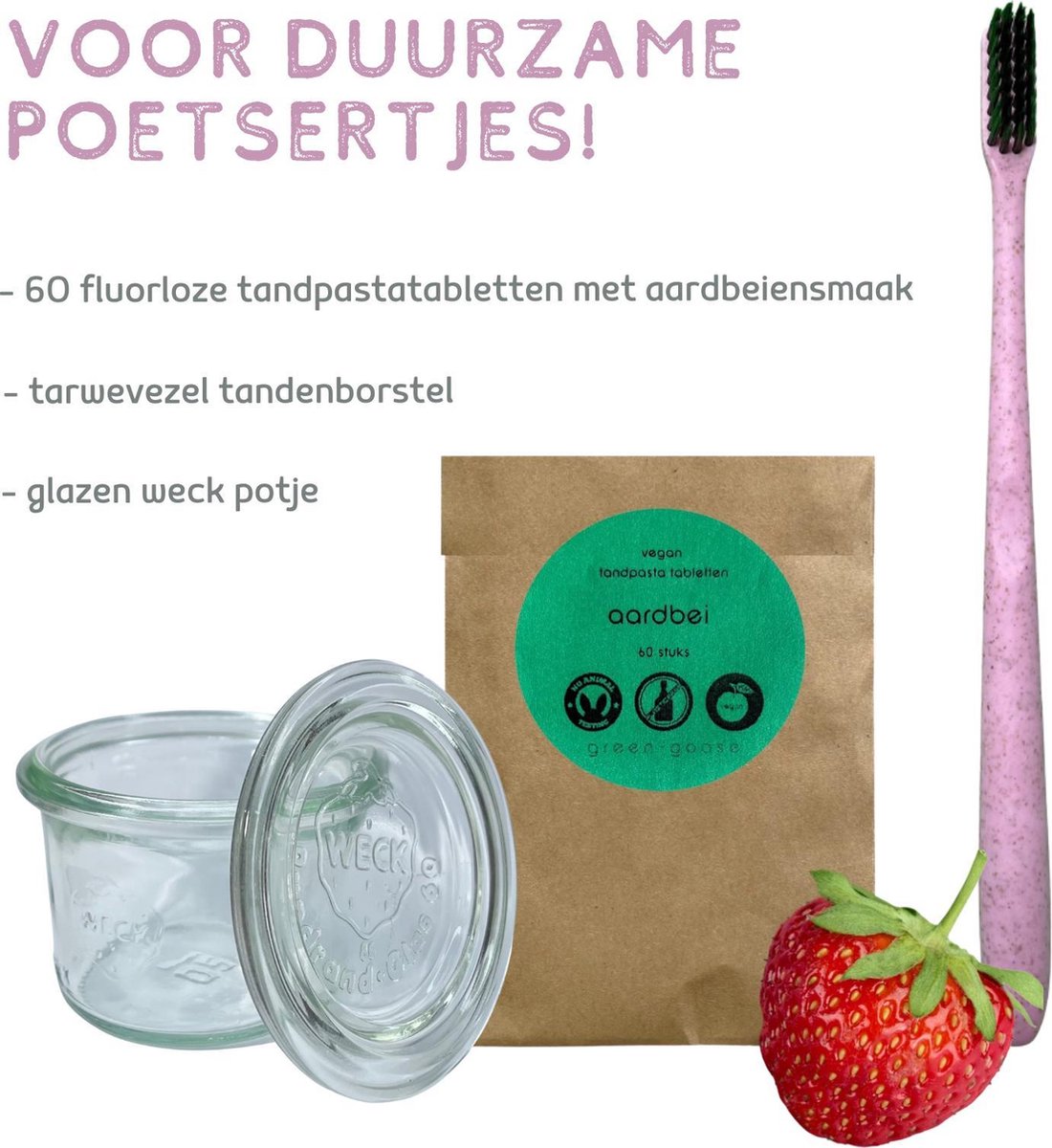 green-goose® Kinder Tandverzorgingpakket Meisjes | 60 Aardbei Tandpasta Tabletten | 1 Zachte Tarwevezel Tandenborstel | Glazen Bewaarpotje | Geen Fluoride