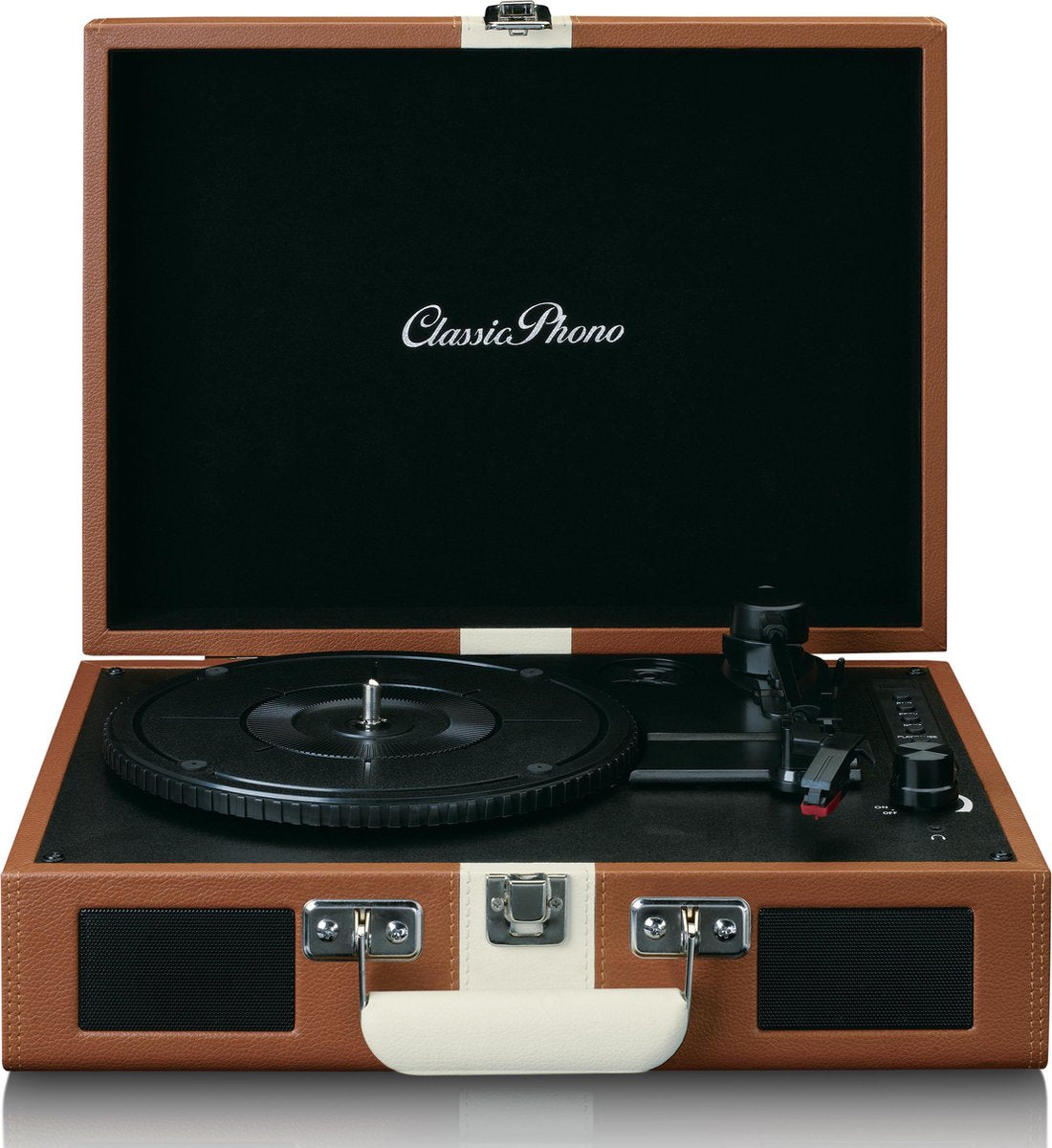 Classic Phono TT-120BNWH - Platenspeler met Bluetooth ontvangst en ingebouwde speakers en oplaadbare accu - Bruin/Wit