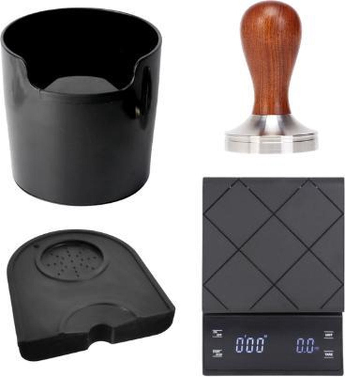 Barista set  - 58mm - houten tamper - tampermat - barista weegschaal - uitklopbak