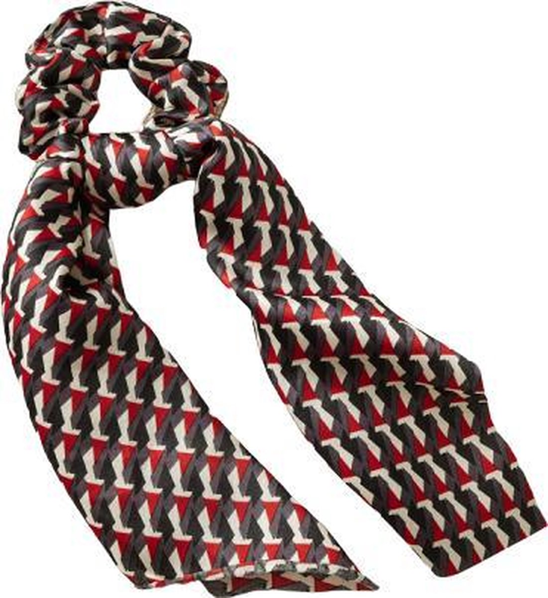 Dames haar scrunchie | Elastische haarband - elastiek | Twee-delig | Trendy haar scrunchie met lintjes | Nek sjaaltje + scrunchie | Elegante print  Zwart - rood - grijs - wit | Dames haaracessoires