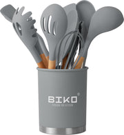 Kookgerei - Keukengerei Kitchen Set - 13 delige set - Bamboe hout - Siliconen - BPA vrij - Zilver