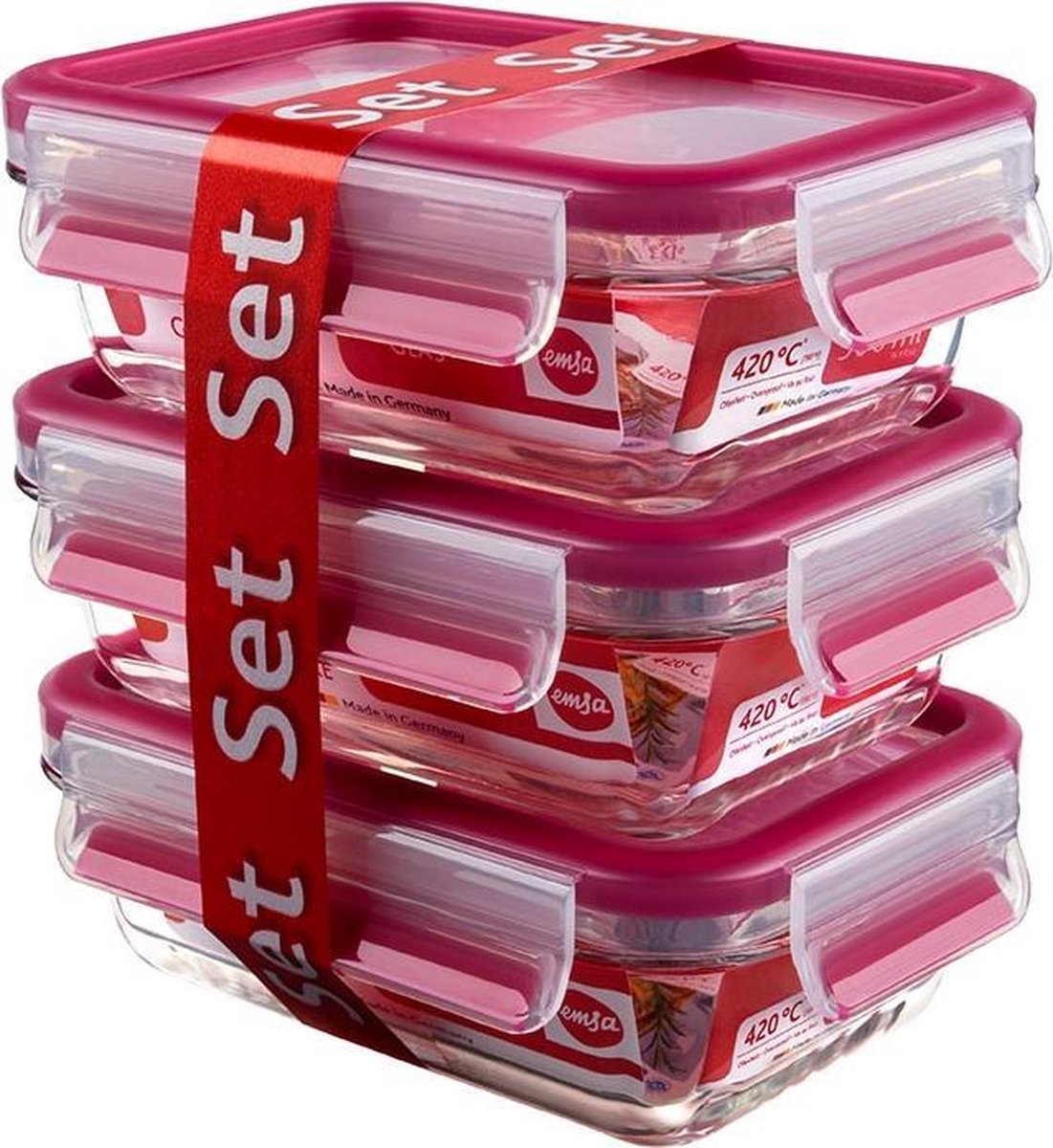 Emsa Clip&Close 517922 3-dlg set glas 0.5l transparant/rood