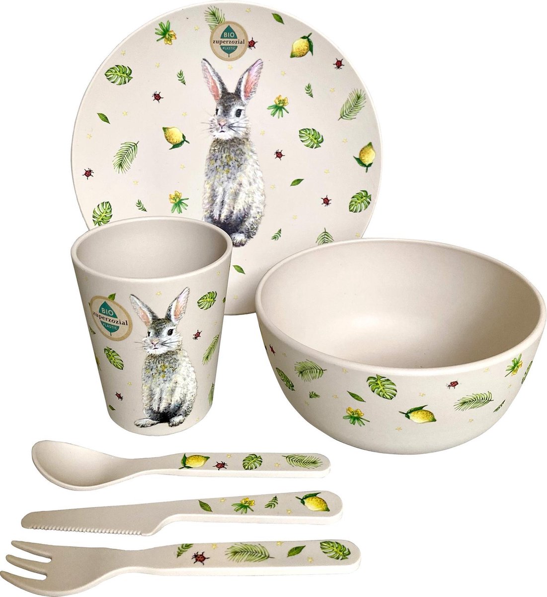 Zuperzozial x Mies to Go Unstoppable - kinderservies van bioplastic - konijn print - veilig en duurzaam - 6 delige set - design handgeschilderd door Mies