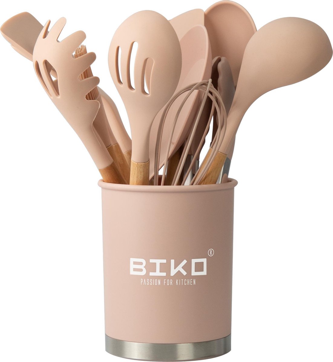 BIKO - Kookgerei - Keukengerei Kitchen Set - 13 delige set - Bamboe hout - Siliconen - BPA vrij - Roze
