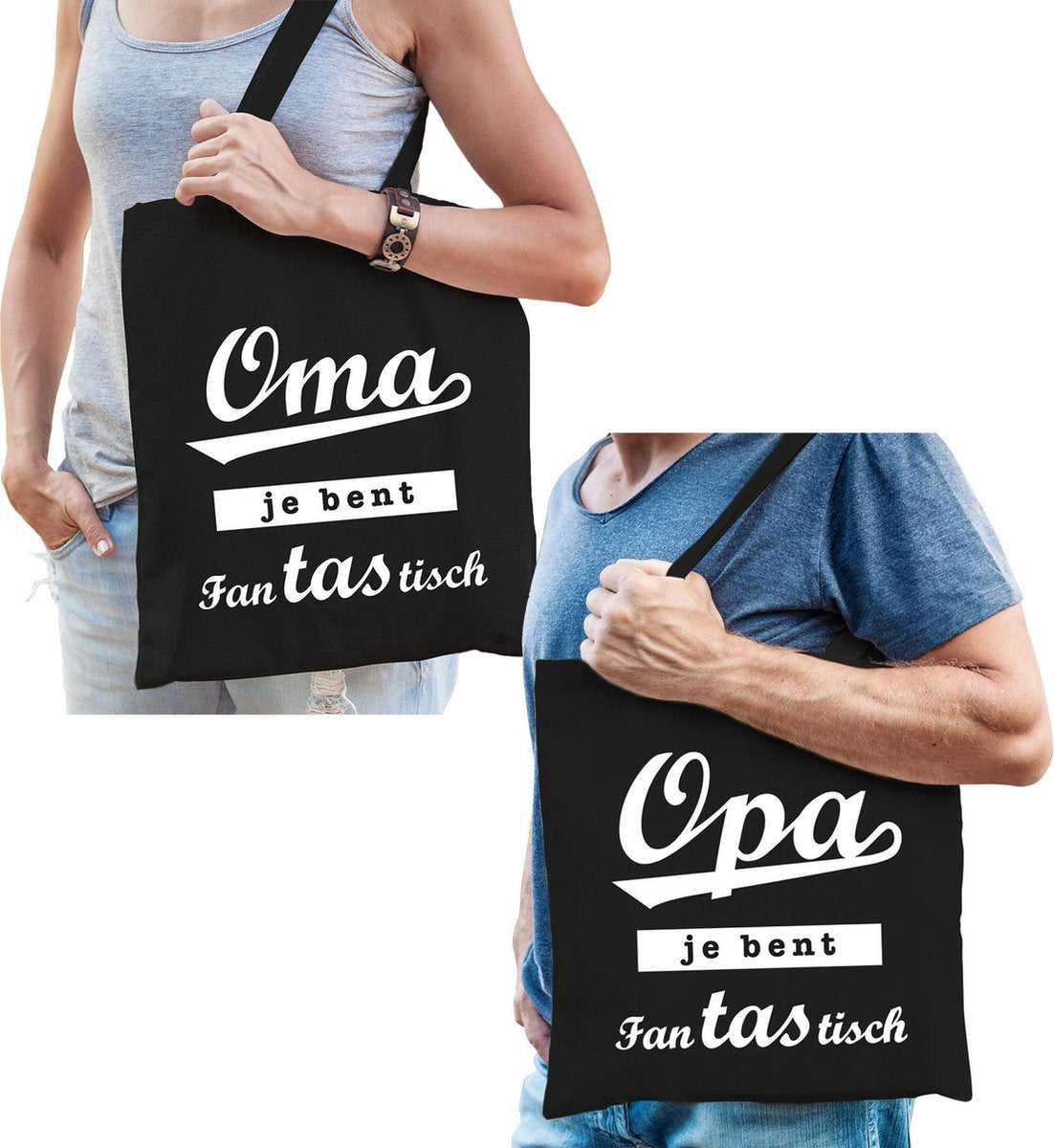Oma en Opa je bent fanTAStisch tasje zwart - Cadeau boodschappentasjes set voor Opa en Oma - Cadeau Opa en Oma