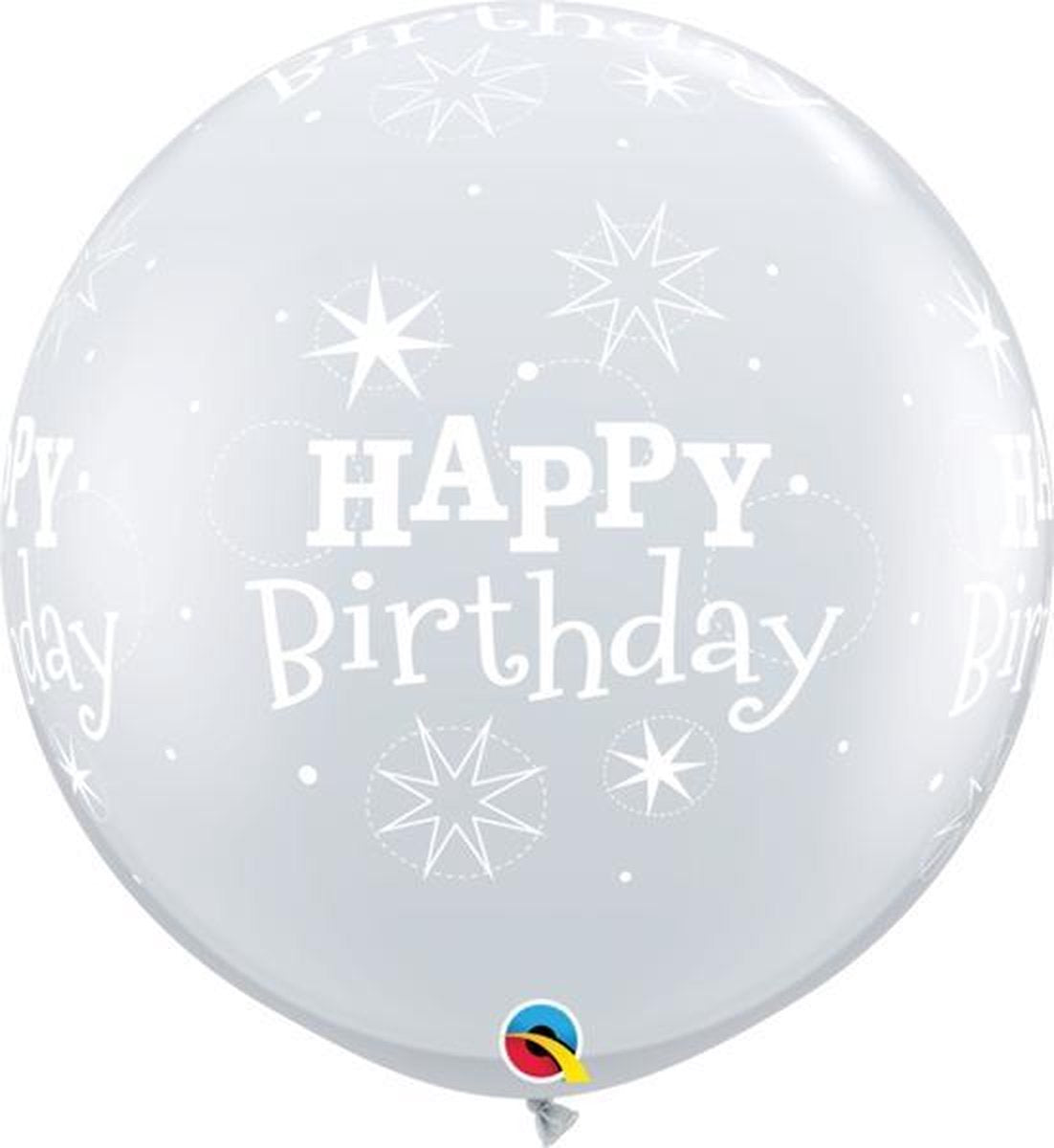 Megaballon Bedrukt 'Shining Happy Birthday' Diamond Clear 95 cm (2stuks)