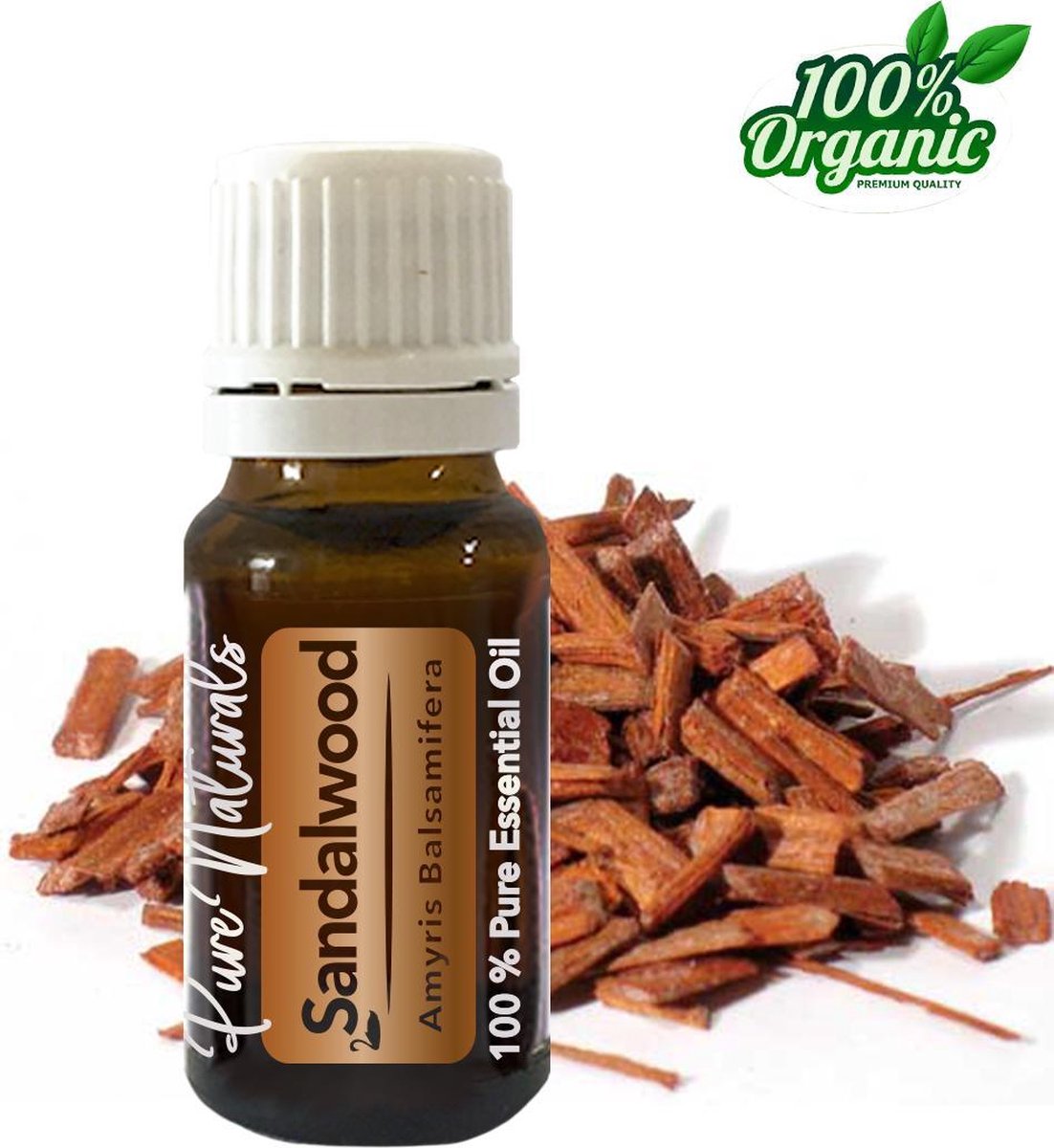 Sandelhout etherische Olie 10 ml | Sandalwood Oil | 100% PUUR | Bio | Essentiële olie Aromatherapie | Olie diffuser | Geschikt voor inname | Pure Naturals