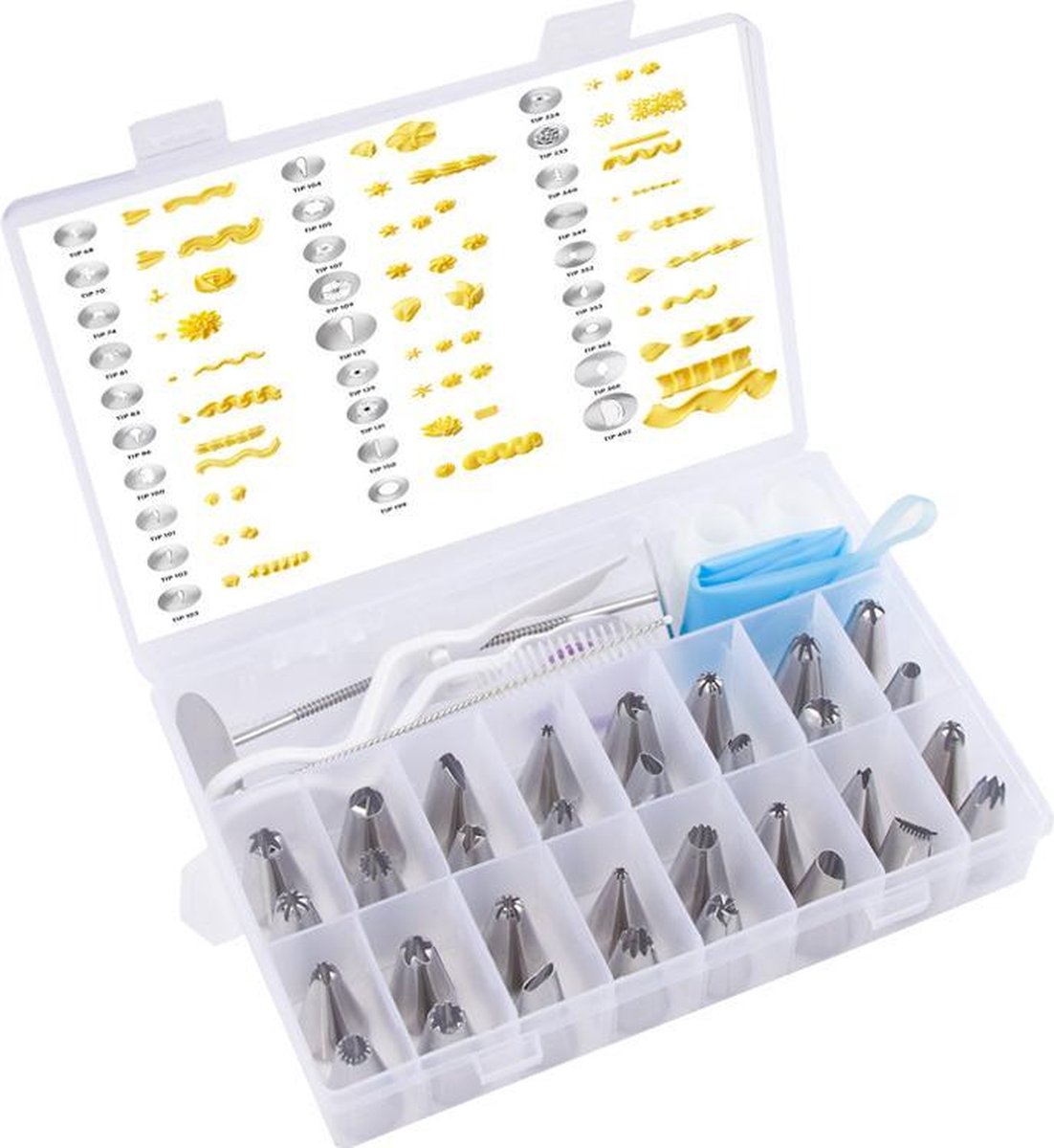 MaxedMore 42-Delige taart decoratie set -  Benodigdheden voor het Decoreren van Taarten en Cupcakes - Taartdecoratie voor Verjaardag - Nylon spuitzakken – Spuitmondjes – Fondant accessoires - Verjaardagstaart versiering