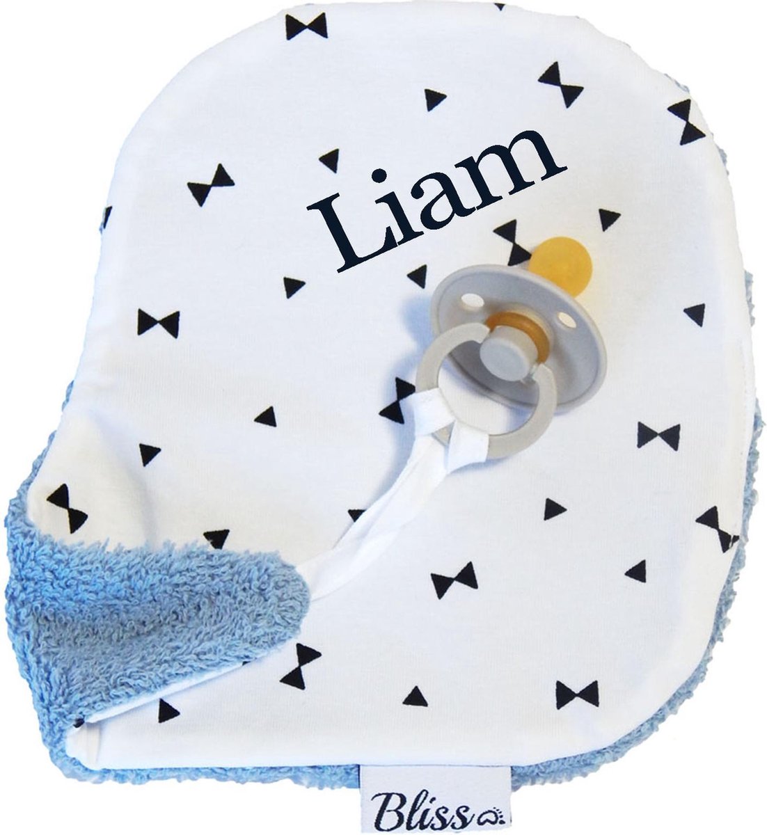 Speendoekje met naam - gepersonaliseerd kraamcadeau - Wallabiezzz - Strikjes Zwart/Wit Blauwe achterzijde