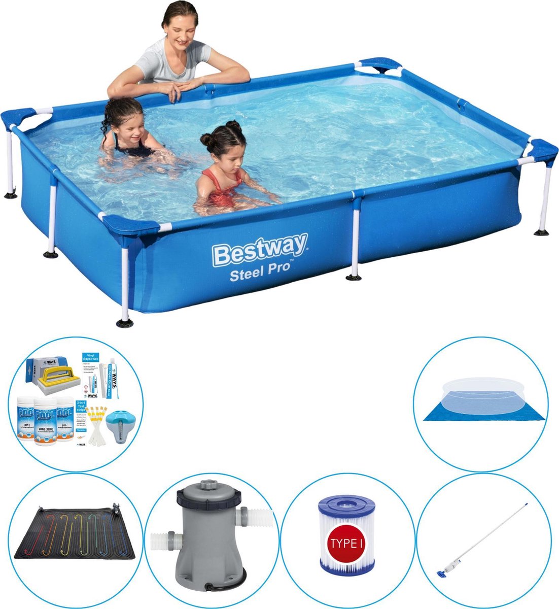 Bestway Steel Pro Rechthoekig 221x150x43 cm - 7-delig - Zwembad Set