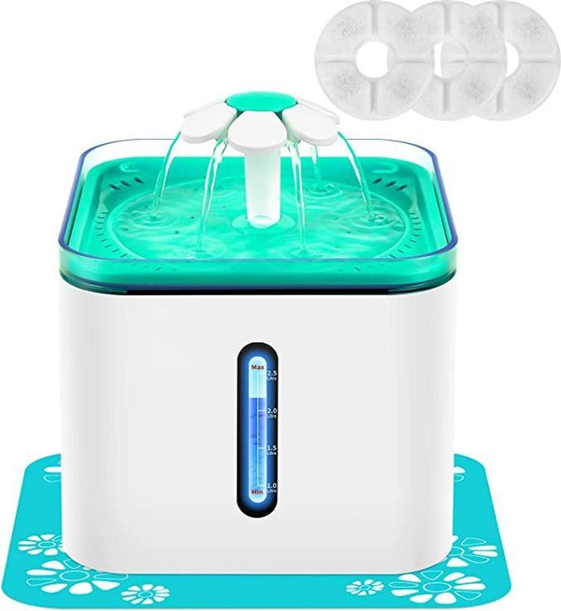 2.5L Drinkfontein Voor Kat / Hond - Kattenfontein - Incl. 3 Filters - Stuur antislipmat -Schakel automatisch de stroom uit na watertekort-Waterbak  - Waterdispenser - Geschikt voor katten en honden - Wit/blauw