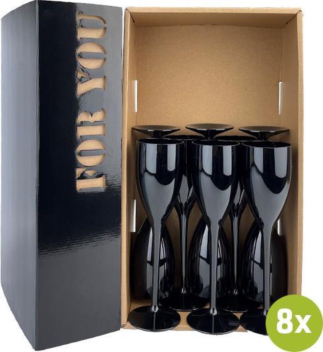 8x Champagneglas Troyes zwart 12cl cadeauset | Onbreekbare kunststof / plastic drinkglazen