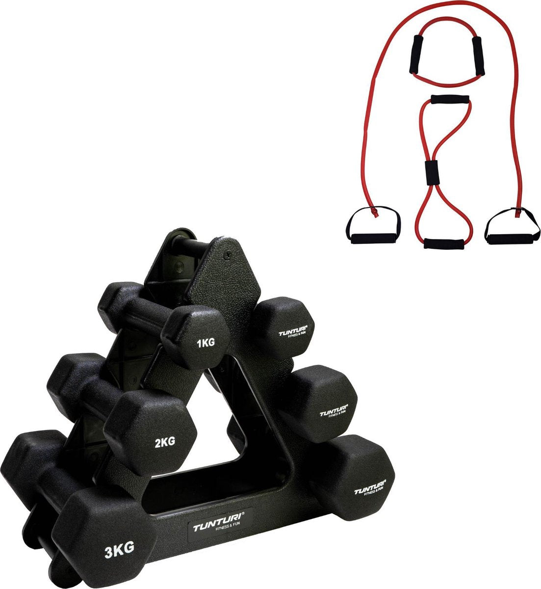Tunturi - Dumbellset - Met Dumbell Opbergrek (3 sets - 1 t/m 3 kg) - Resistance Band - Rood