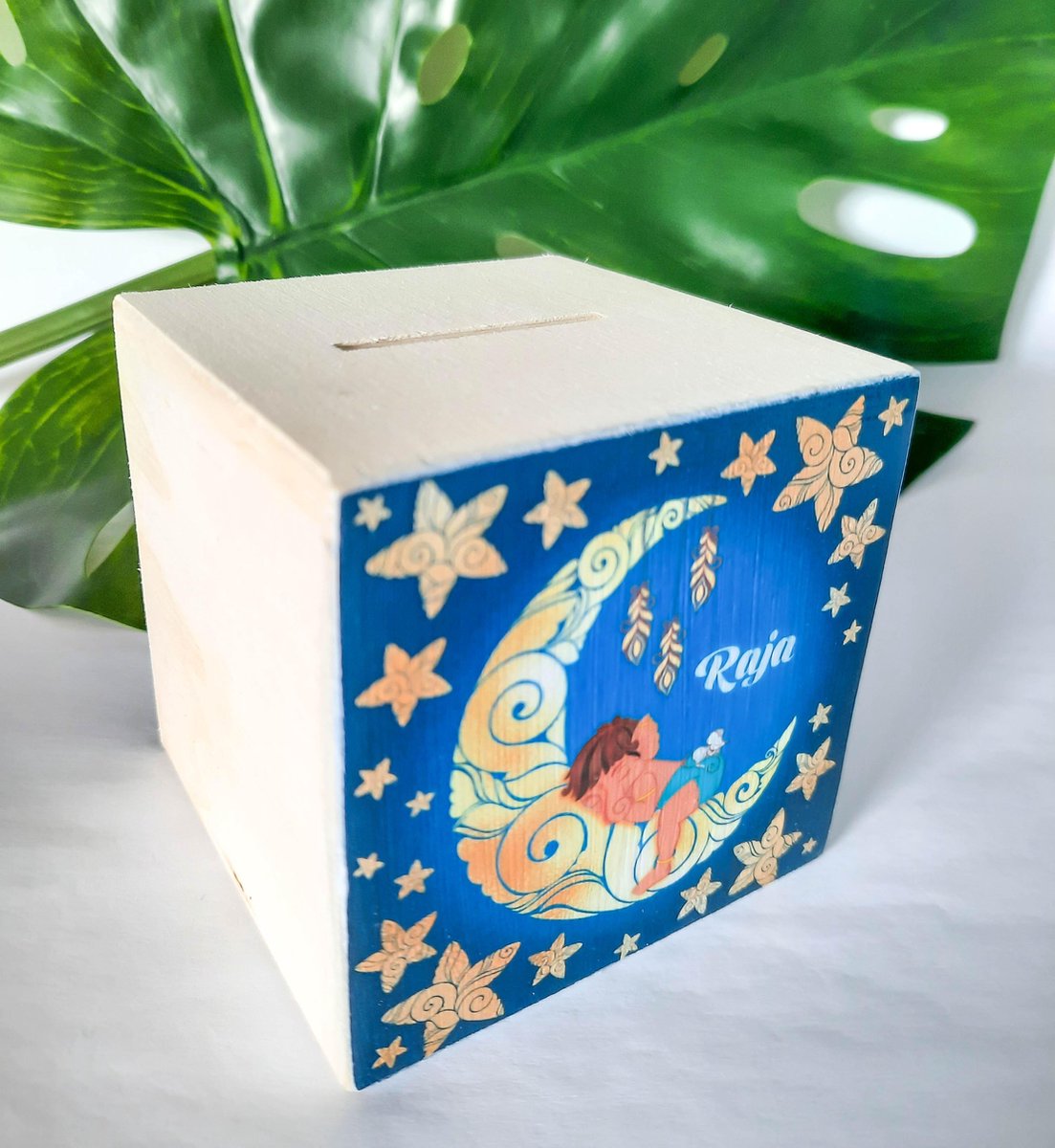 Houten spaarpot | baby Ganesh | Jongen | Blauw | Hindoestaans | SVP NAAM DOORGEVEN PER E-MAIL