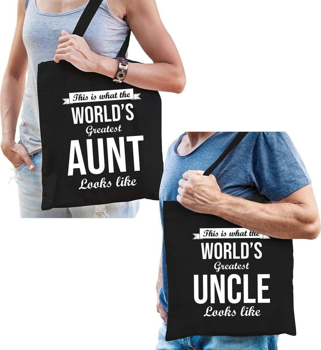 Worlds greatest Aunt en Uncle tasje zwart - Cadeau boodschappentasjes set voor Oom en Tante - Cadeau Oom en Tante