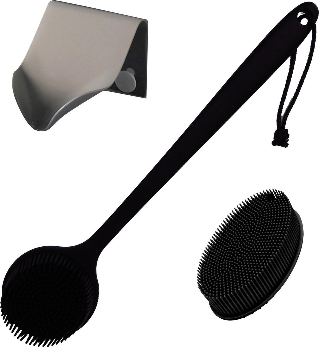 B&P lichaamsborstel set  black velvet - zwart - 100% silicone - badborstel met steel - bad borstel kunststof - doucheborstel - massageborstel - scrub lichaam - dry brush - huidborstel